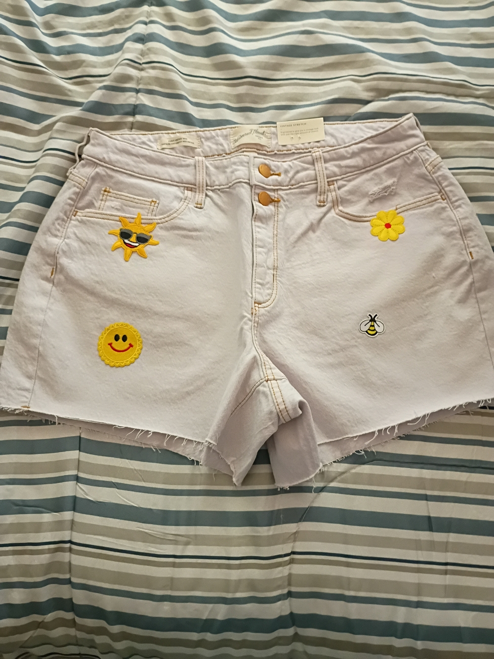 Women's White Denim Patch Shorts with Yellow Embroidered Accents